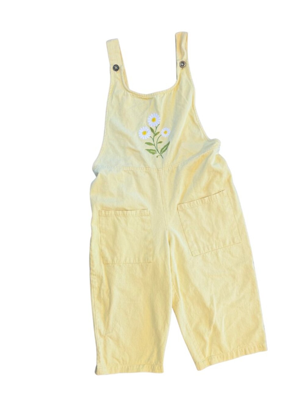 Country Store Women’s Cropped Butter Yellow Overalls Floral Embroidery Large